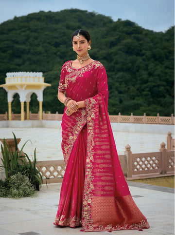Traditional Pink Pure Dola Viscose Saree with C-Pallu Embroidery, Patchwork, Cut Work Detailing - 7305